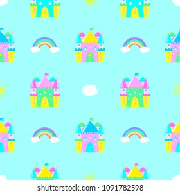 fairytale castle, clouds, sun rainbow seamless pattern