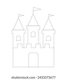 Fairytale castle dashed line contour vector illustration isolated on white background. Trace and color design element.