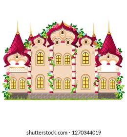 Fairytale castle festively decorated with flowers isolated on white background. Vector cartoon close-up illustration.