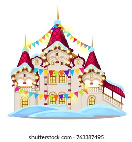 Fairytale castle festively decorated with garlands and multicolored flags isolated on white background. Sketch of Christmas festive poster, party invitation, holiday card. Vector cartoon close-up.