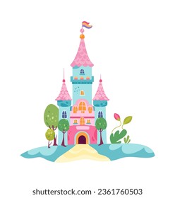 Fairytale Castle With Flag Vector Illustration