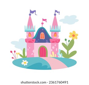 Castillo de cuento de hadas con iluminación vectorial de banderas