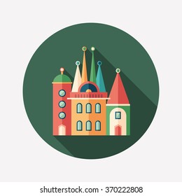Fairytale castle flat round icon with long shadows.