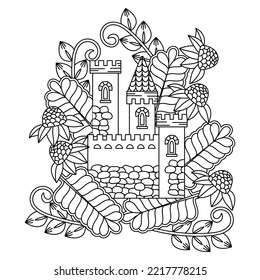 Fairytale castle, Flower Town. Coloring book page. Line art design. Vector illustration
