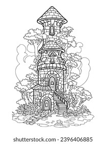 Fairytale castle in forest, black and white coloring, vector illustration