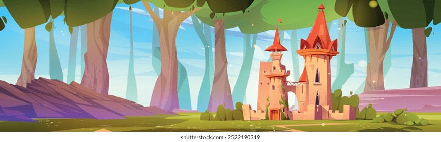 Fairytale castle in forest with giant trees. Vector cartoon illustration of medieval fortress with gate, arch and towers in sunny valley, footpath on green grass, historic palace for game background