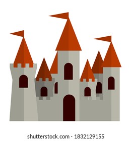 Fairytale castle. Fortress of the knight and king. medieval old town. Stone walls and towers. Fort for protection. Flat cartoon illustration isolated on white