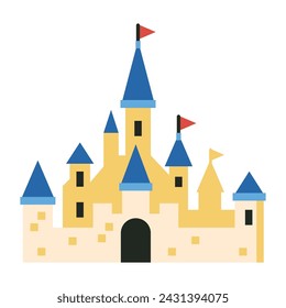 Fairytale castle icon. Fantasy magic kingdom stronghold in flat design. Medieval castle illustration.