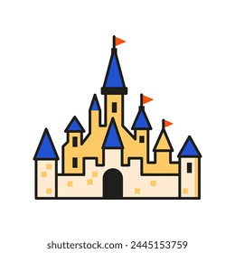 Fairytale castle icon. Fantasy magic kingdom stronghold in flat design. Medieval castle illustration.