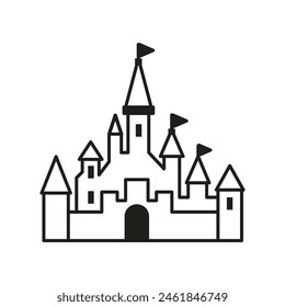 Fairytale castle icon. Fantasy magic kingdom stronghold in line art design. Medieval castle illustration.