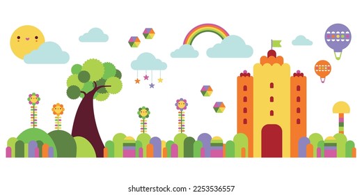 Fairytale castle illustration with cute landscape design for wall decoration