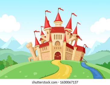 Fairytale castle illustration Fantasy landscape with fairy kingdom medieval house