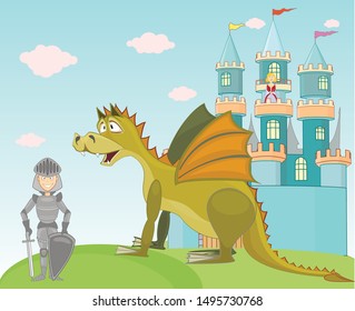 fairytale castle, knight, dragon illustrated with cartoon picture. flat design isolated on white background .vector image.