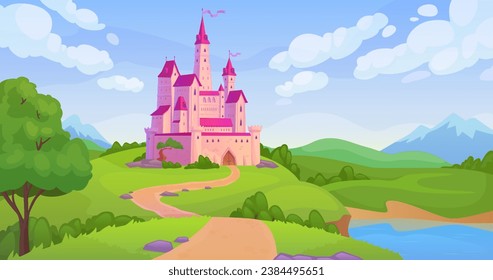 Fairytale castle landscape. Fantasy medieval palace mountain road, ancient fairy kingdom game background old mansion with princess tower, ingenious vector illustration of castle fantasy landscape