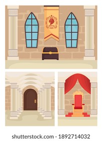 Fairytale castle landscape set design, Fantasy magic and medieval theme Vector illustration