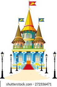 Fairytale castle with lighted lanterns footpath