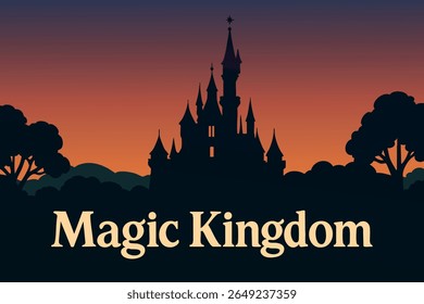 O castelo de conto de fadas no Magic Kingdom brilha com beleza encantadora enquanto o anoitecer cai, banhado na luz suave do sol que se põe