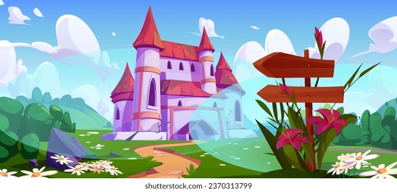 Fairytale castle on green summer landscape. Vector cartoon illustration of medieval royal palace, blank wooden road signs indicating direction, fantasy meadow with lawn and flowers on hills, blue sky