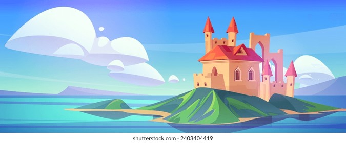 Fairytale castle on island in sea or lake. Cartoon vector landscape of ancient fantastic palace with towers standing on green grass surrounded by water and blue sky with clouds. King medieval house.