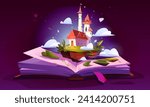 Fairytale castle on open book pages. Vector cartoon illustration of fantasy royal palace with towers on green floating island with sparkling clouds, story about magic kingdom, reading fun concept