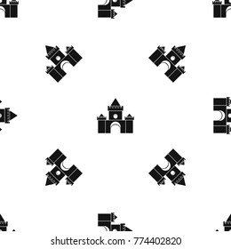 Fairytale castle pattern repeat seamless in black color for any design. Vector geometric illustration