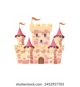 Castillo de cuento de hadas con tejados rosas y banderas, renderizado en un encantador estilo de dibujos animados. Ilustración vectorial perfecta para libros de cuentos para niños o fondos de juegos.