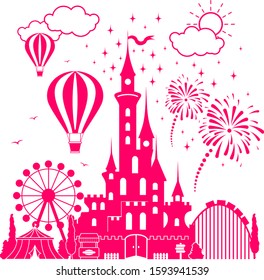 Fairytale castle of princess in an amusement park. Air balloons in sky, rides and entertainment. Illustration, vector