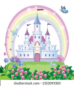 A fairy-tale castle for a Princess. Beautiful flower meadow and rainbow. Wonderland. Children cartoon illustration. Vector.