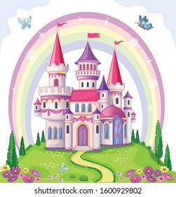 Fairy-tale castle for Princess, magic kingdom. Vintage Palace and beautiful flower meadow with rainbow. Wonderland. Children cartoon illustration. Romantic story. Vector. 