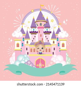 Fairy-tale castle for Princess, magic kingdom. Background scene with princess at pink castle illustration