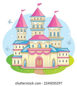 Fairy-tale castle for Princess, magic kingdom. Beautiful landscape with vintage castle and meadow. Isolated background. Toy for girls. Wonderland. Children cartoon illustration. Romantic story. Vector