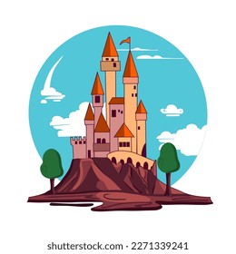 Fairytale castle for princess, magic kingdom. Wonderland. Children cartoon illustration. Romantic story. Vector illustration