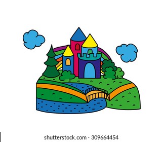 fairytale castle. rainbow. clouds. river and the bridge. small forest
