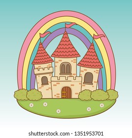 fairytale castle with rainbow in the field scene