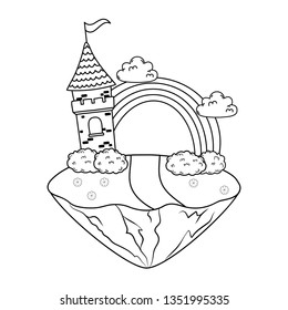 fairytale castle with rainbow in the field scene