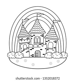 fairytale castle with rainbow in the field scene
