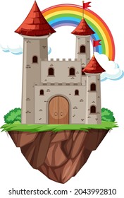 Fairytale castle with rainbow on white background illustration