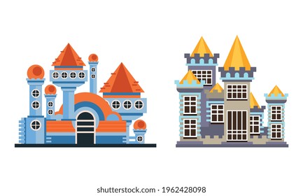Fairytale Castle Set, Ancient Fortified Palace Facades Cartoon Vector Illustration