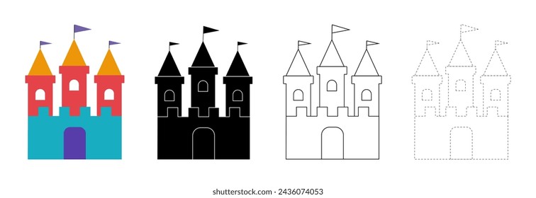 Fairytale castle set vector illustration isolated. Color, black silhouette, black outline and dashed line icons.