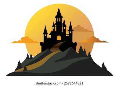 Fairy-Tale Castle Silhouette on Hill – Magical Vector Illustration for Dreamy Art Lovers


