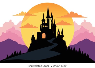 Fairy-Tale Castle Silhouette on Hill – Magical Vector Illustration for Dreamy Art Lovers

