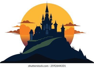 Fairy-Tale Castle Silhouette on Hill – Magical Vector Illustration for Dreamy Art Lovers

