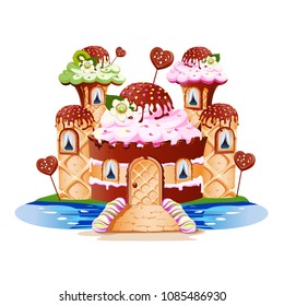 A fairytale castle with towers and a balcony made of sweets. Cheerful and tasty vector illustration.