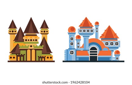 Fairytale Castle Towers Set, Ancient Mansion Facades Cartoon Vector Illustration on White Background
