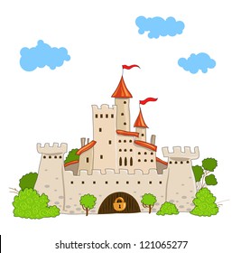 Castillo de cuento de hadas con torres, árboles y nubes