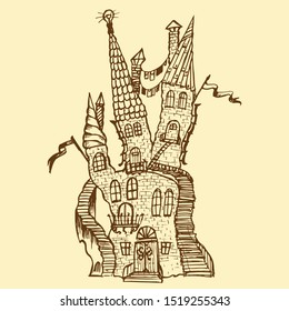 Fairytale castle with towers, windows and stairs. Sketch. Vector illustration