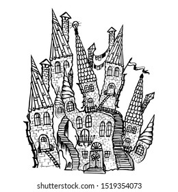 Fairytale castle with towers, windows and stairs. Sketch. Coloring picture for children and adults. Vector illustration