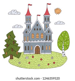 Fairytale castle. Trees, grass, nature. Vector illustration to a fairy tale with a fantastic cartoon fortress. Hand drawing, doodles.