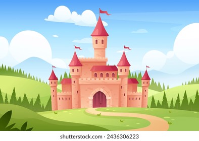 Fairytale castle. Vector illustration of medieval castle towers with field, forest, mountains, magic fortress, pink flags, gates. Cartoon royal palace. Landscape with fairy tale kingdom for princess