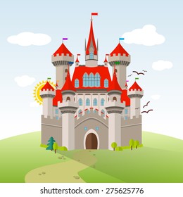 Fairy-tale Castle. Vector Imagination Child Illustration. Flat Landscape with Green Trees, Grass, Path, Stones and Clouds